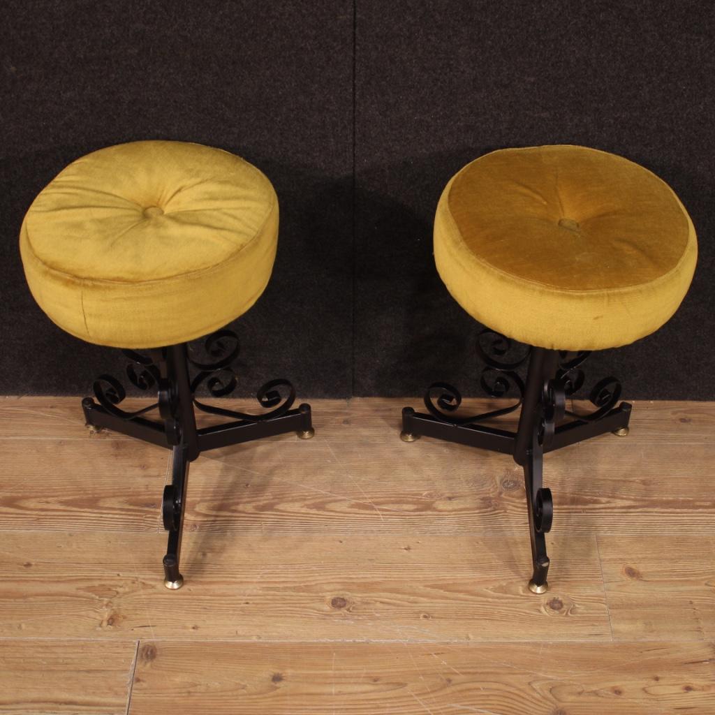 Pair of 20th Century Painted Iron and Velvet Seats Italian Design Stools, 1970 In Good Condition For Sale In Vicoforte, Piedmont