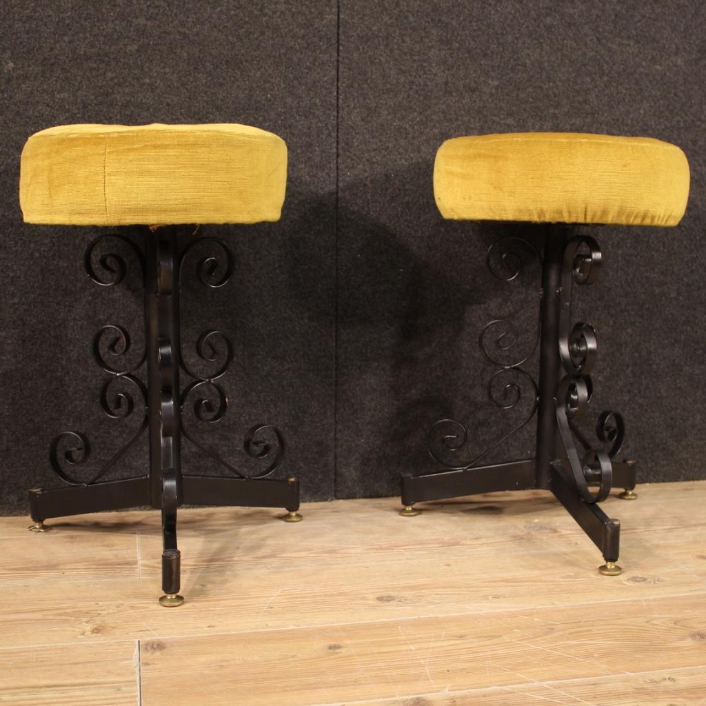 Pair of 20th Century Painted Iron and Velvet Seats Italian Design Stools, 1970 For Sale 1