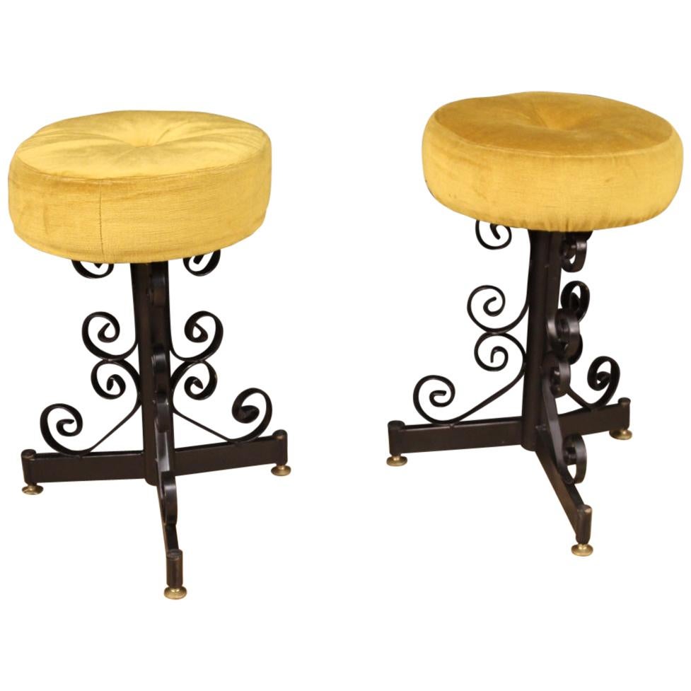 Pair of 20th Century Painted Iron and Velvet Seats Italian Design Stools, 1970 For Sale