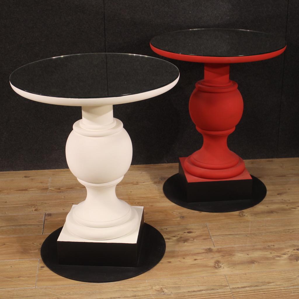Pair of 20th Century Painted Red and White Wood Mirror Tops Italian Side Tables 9