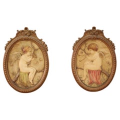 Vintage Pair of 20th Century Painted Terracotta Tuscan Oval Cherubs Sculptures, 1960s