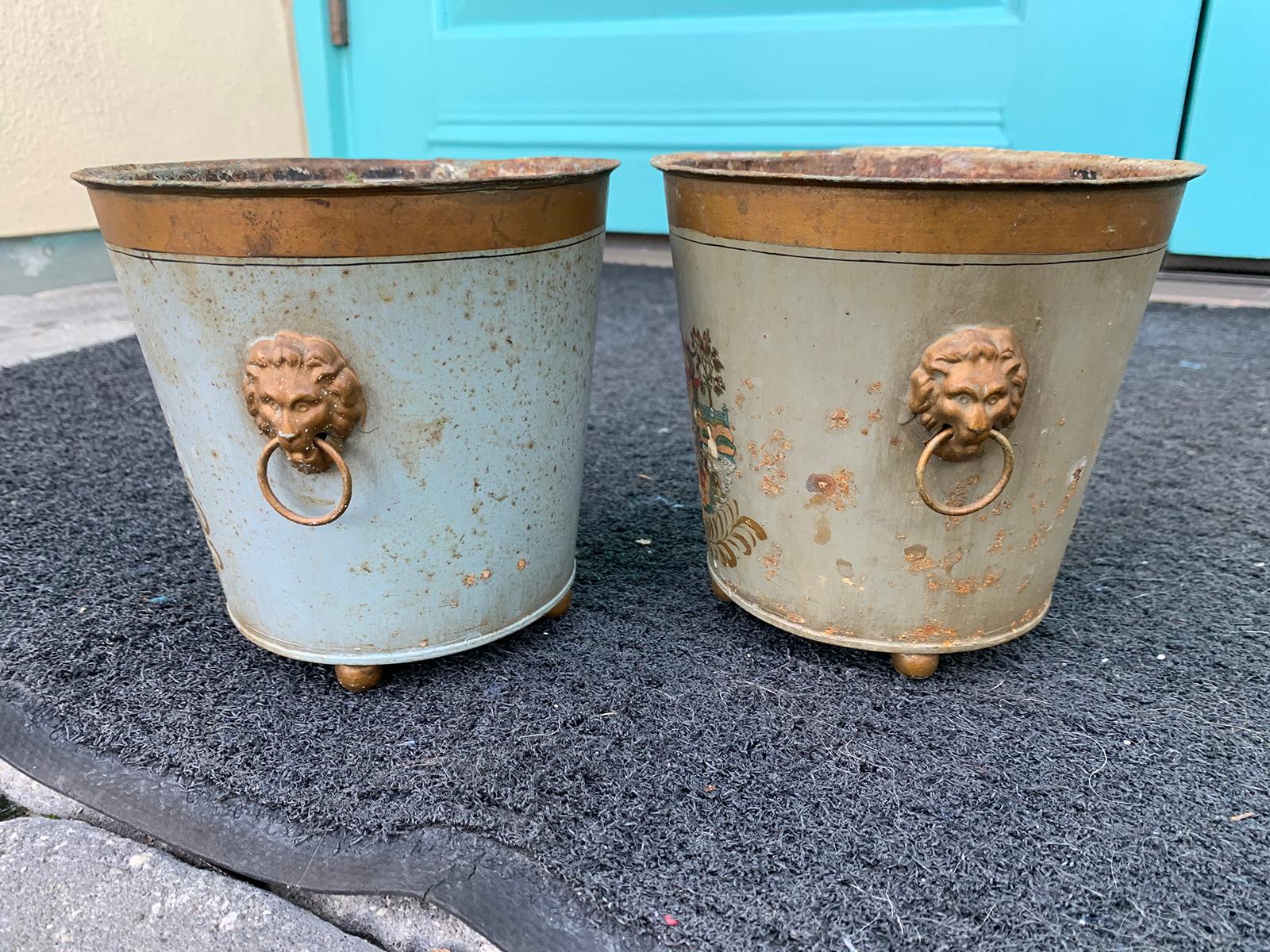 Pair of 20th Century Painted Tole Cachepots, Signed EDE 6