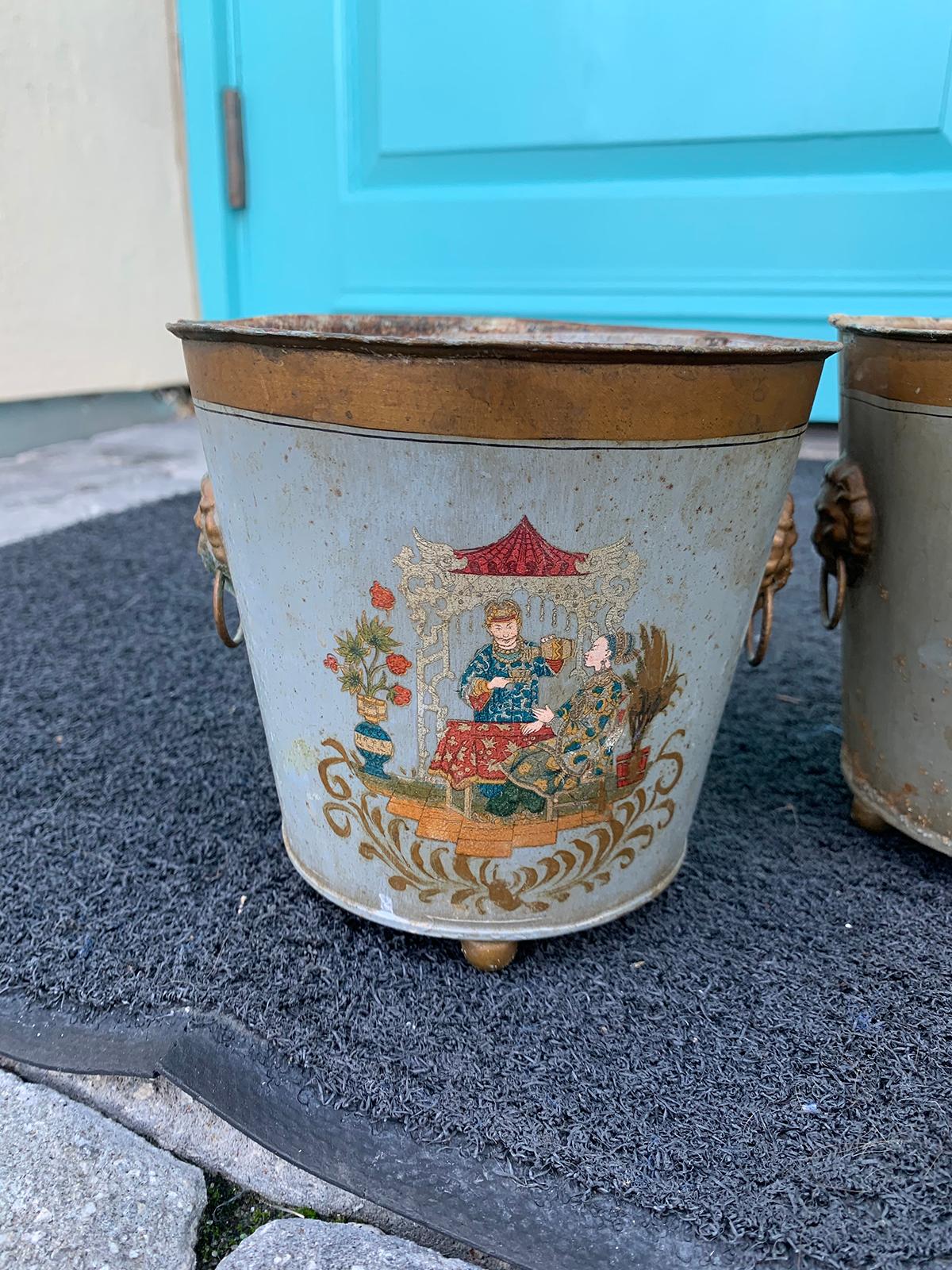 Pair of 20th Century Painted Tole Cachepots, Signed EDE 7