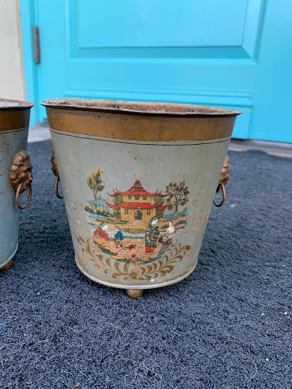 Pair of 20th Century Painted Tole Cachepots, Signed EDE 8