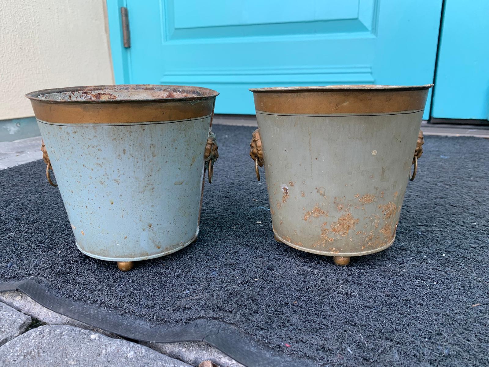Pair of 20th Century Painted Tole Cachepots, Signed EDE 9