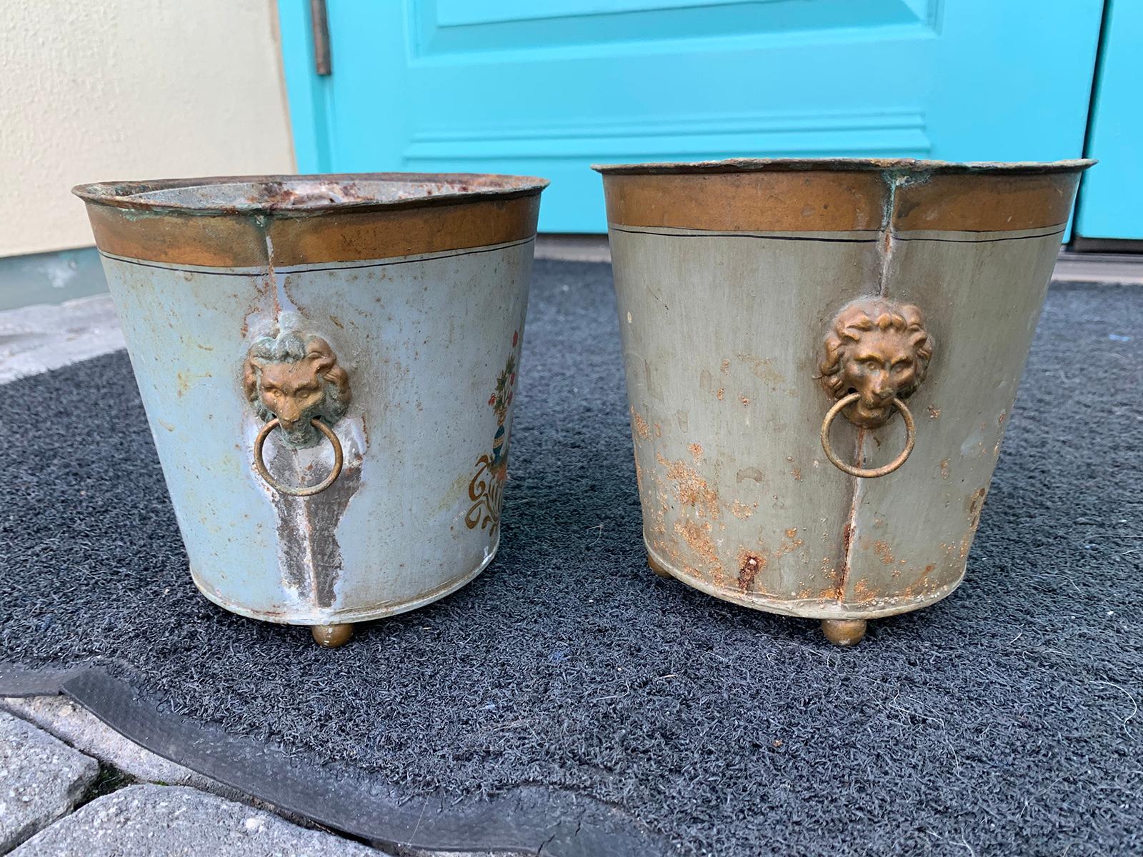 Pair of 20th Century Painted Tole Cachepots, Signed EDE 10