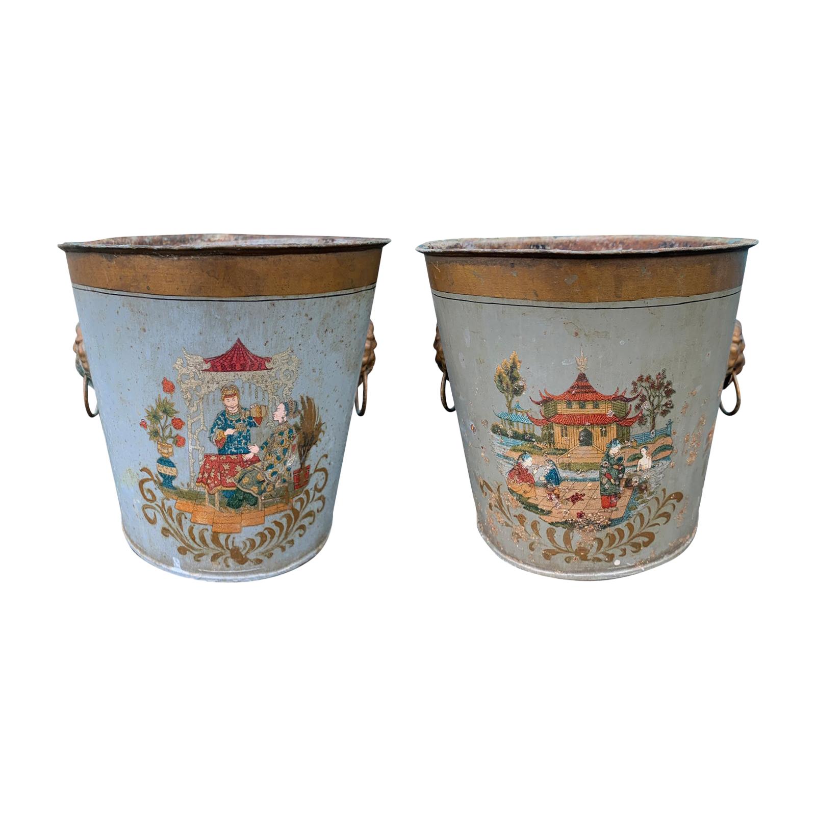 Pair of 20th Century Painted Tole Cachepots, Signed EDE