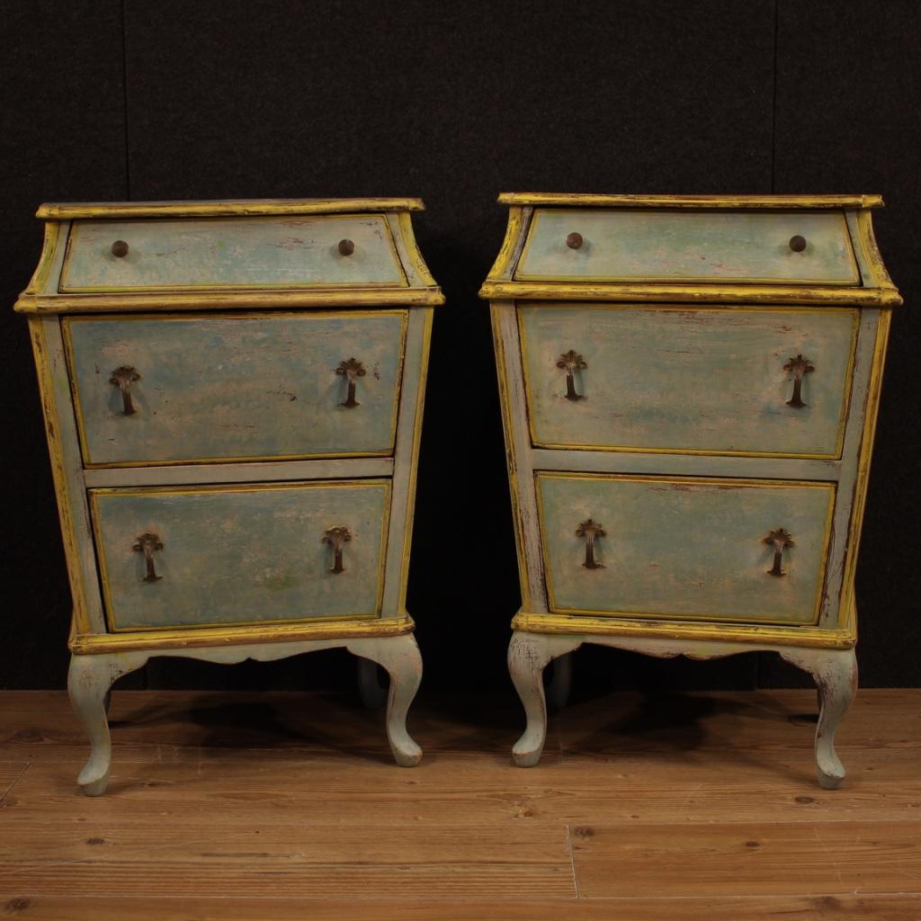 Pair of Italian bedside tables from the 20th century. Nicely painted furniture of particular shape and construction. Bedside tables with three drawers and wooden top with good capacity and service. Ideal furniture to be placed in a bedroom or living