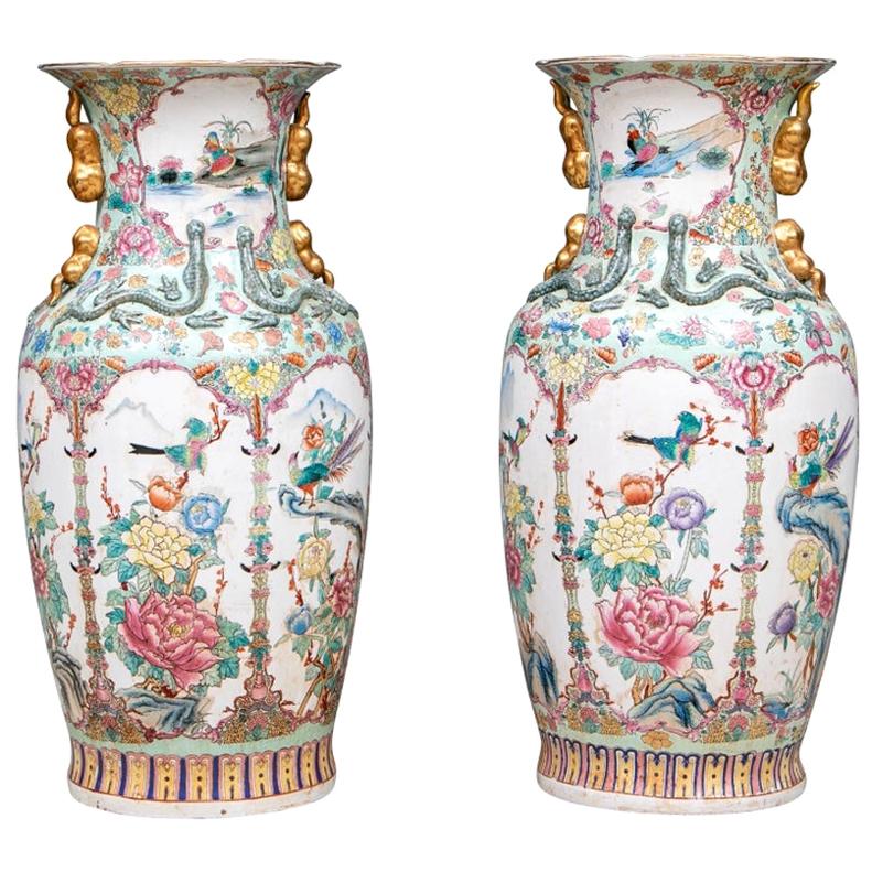 Pair of 20th Century Palace Size Chinese Painted Porcelain Vases