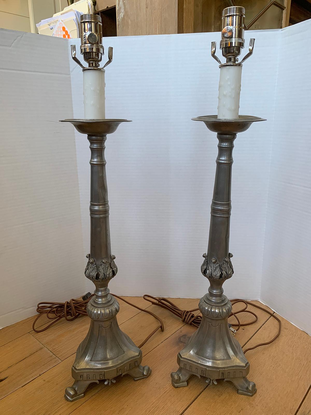 Pair of 20th Century Pewter Candlestick Lamps In Good Condition For Sale In Atlanta, GA