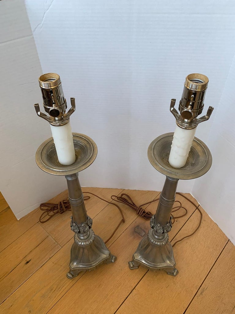 Pair of 20th Century Pewter Candlestick Lamps For Sale at 1stDibs