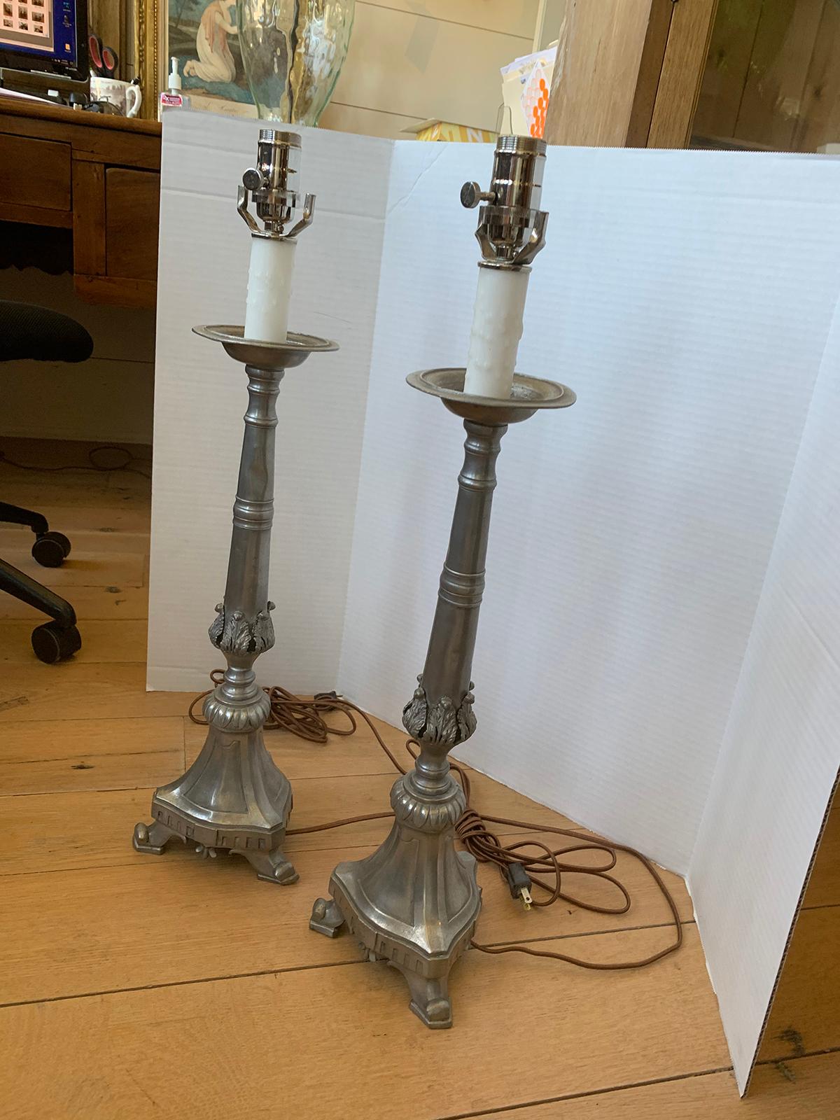Pair of 20th Century Pewter Candlestick Lamps For Sale 2