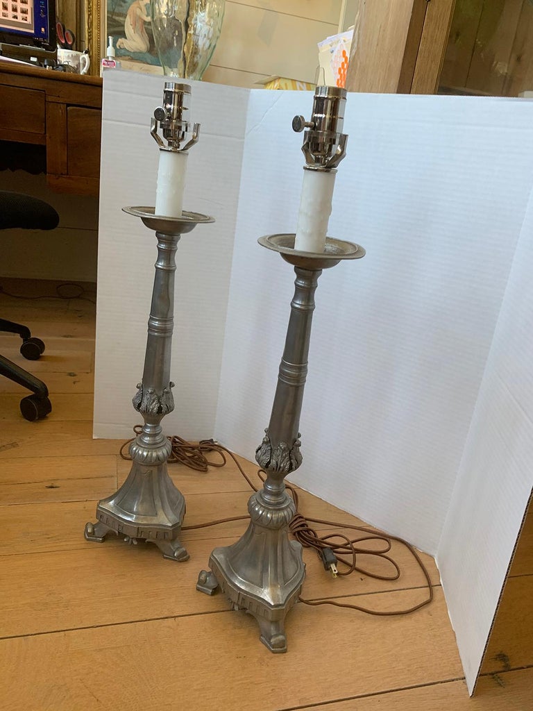 Pair of 20th Century Pewter Candlestick Lamps For Sale at 1stDibs