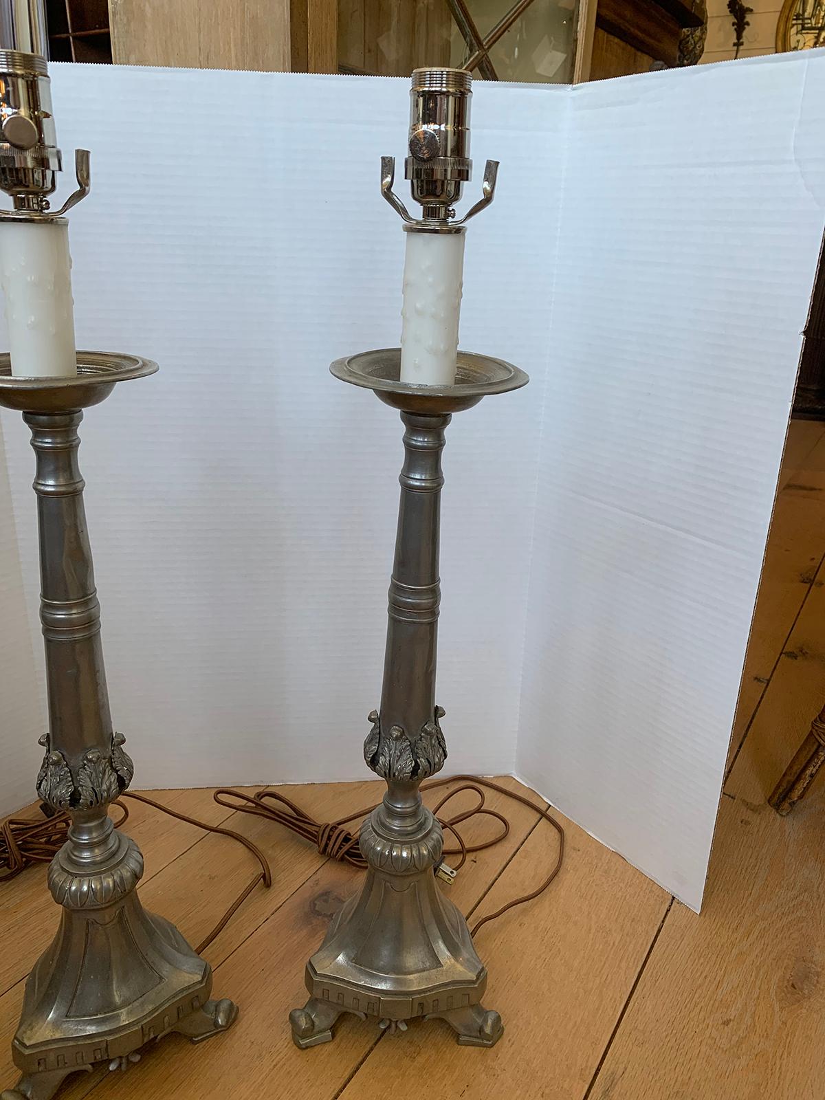 Pair of 20th Century Pewter Candlestick Lamps For Sale 3
