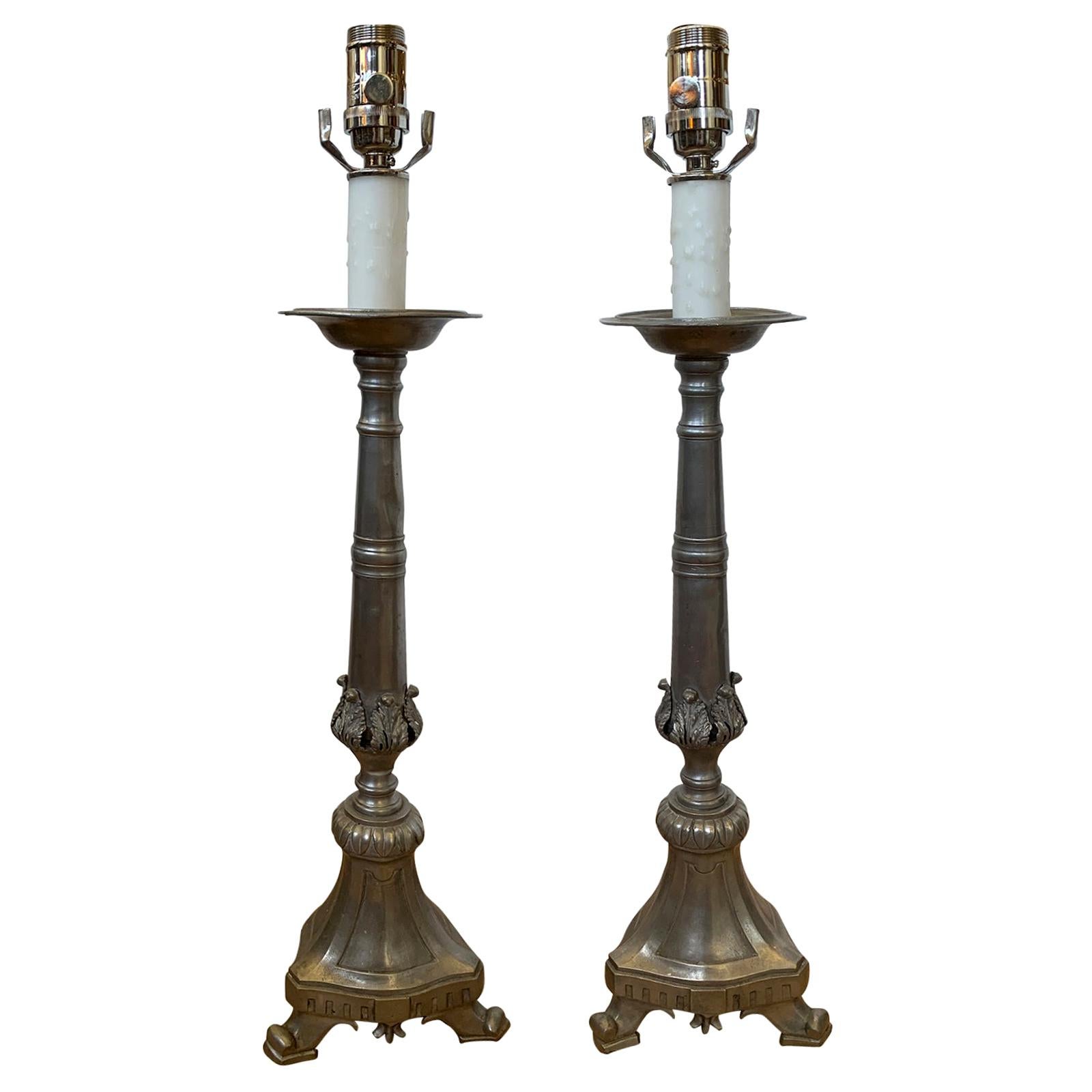 Pair of 20th Century Pewter Candlestick Lamps For Sale