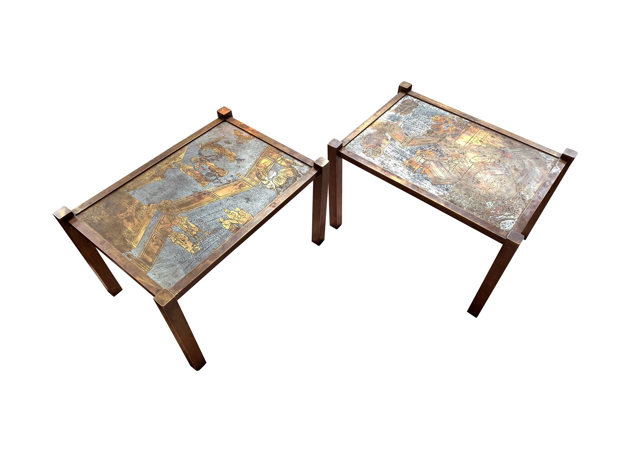 Philip and Kelvin LaVerne, a father-and-son team, created limited-edition furniture with their signature painterly touch, often rendering elaborate pastoral scenes through metalwork. This pair of rectangular bronze side tables was made in the