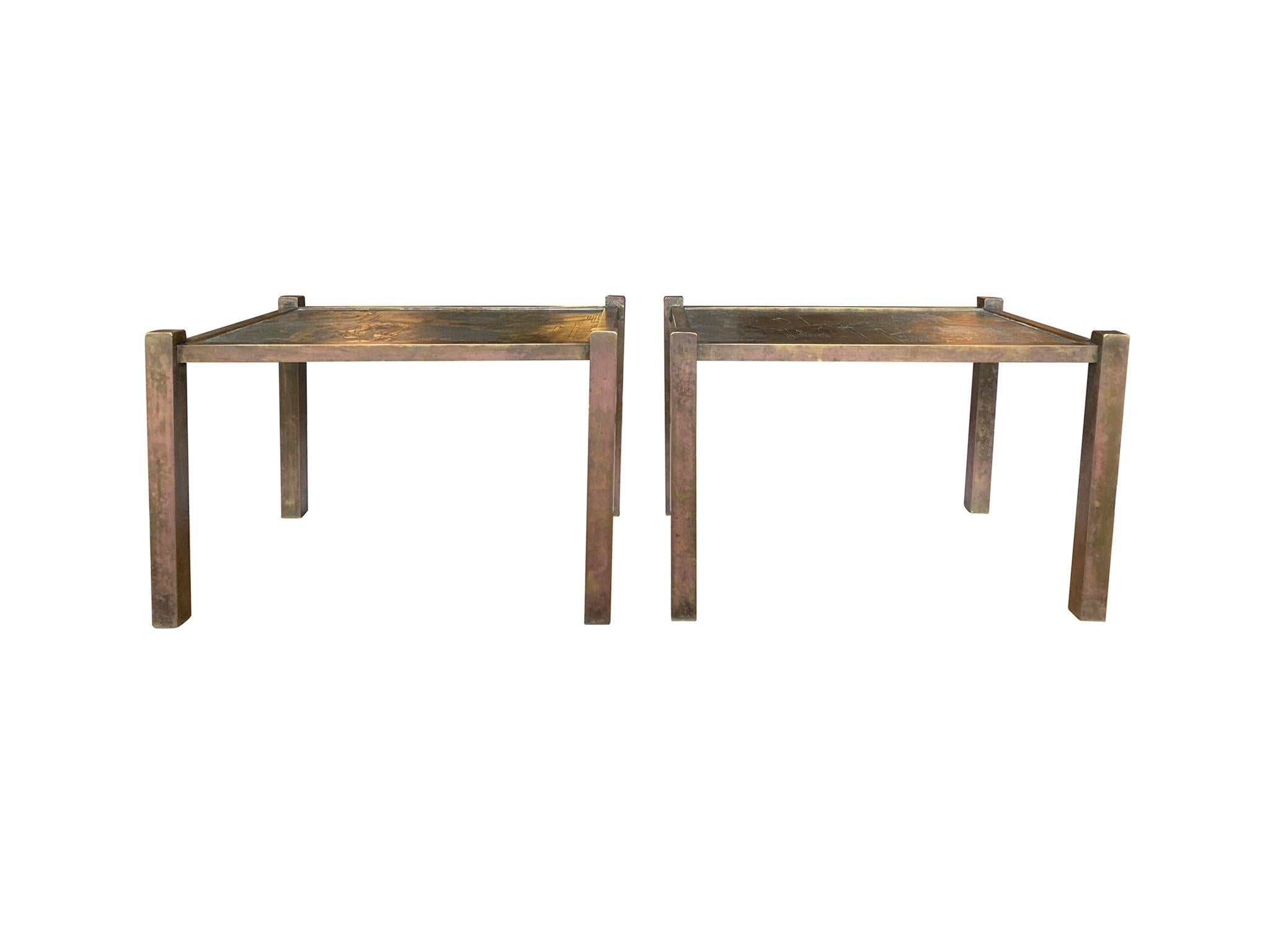 Pair of 20th Century Philip and Kelvin LaVerne Etched Bronze Side Tables In Good Condition In New York, NY
