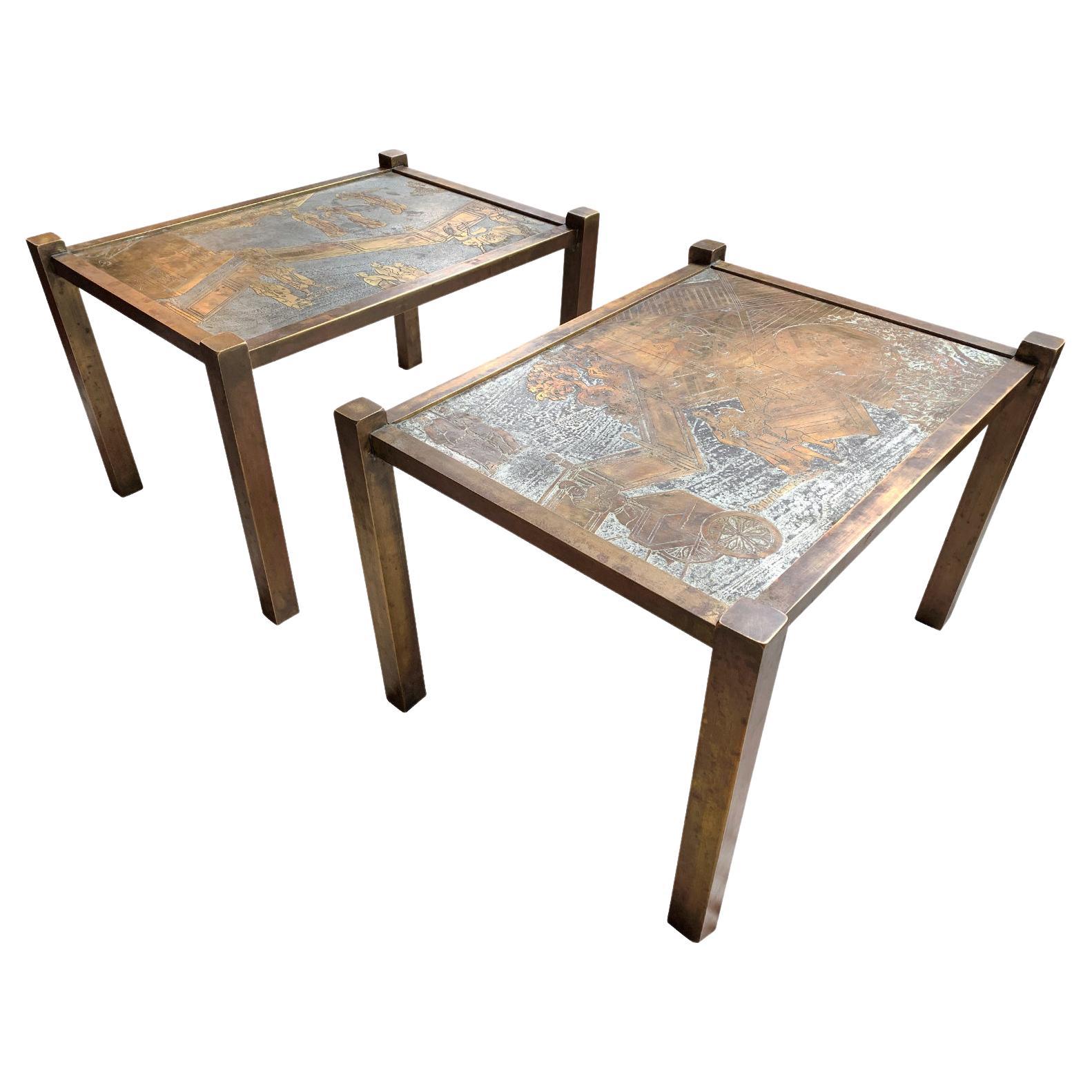 Pair of 20th Century Philip and Kelvin LaVerne Etched Bronze Side Tables