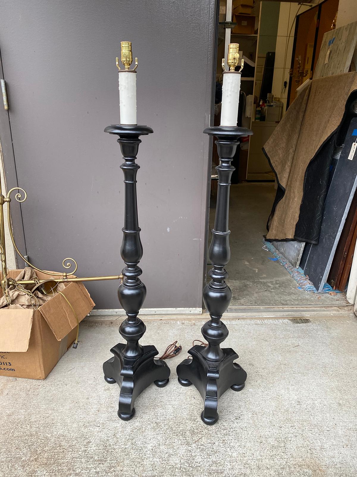 Pair of 20th century pine prickets as floor lamps, custom painted black or ebonized
New wiring.