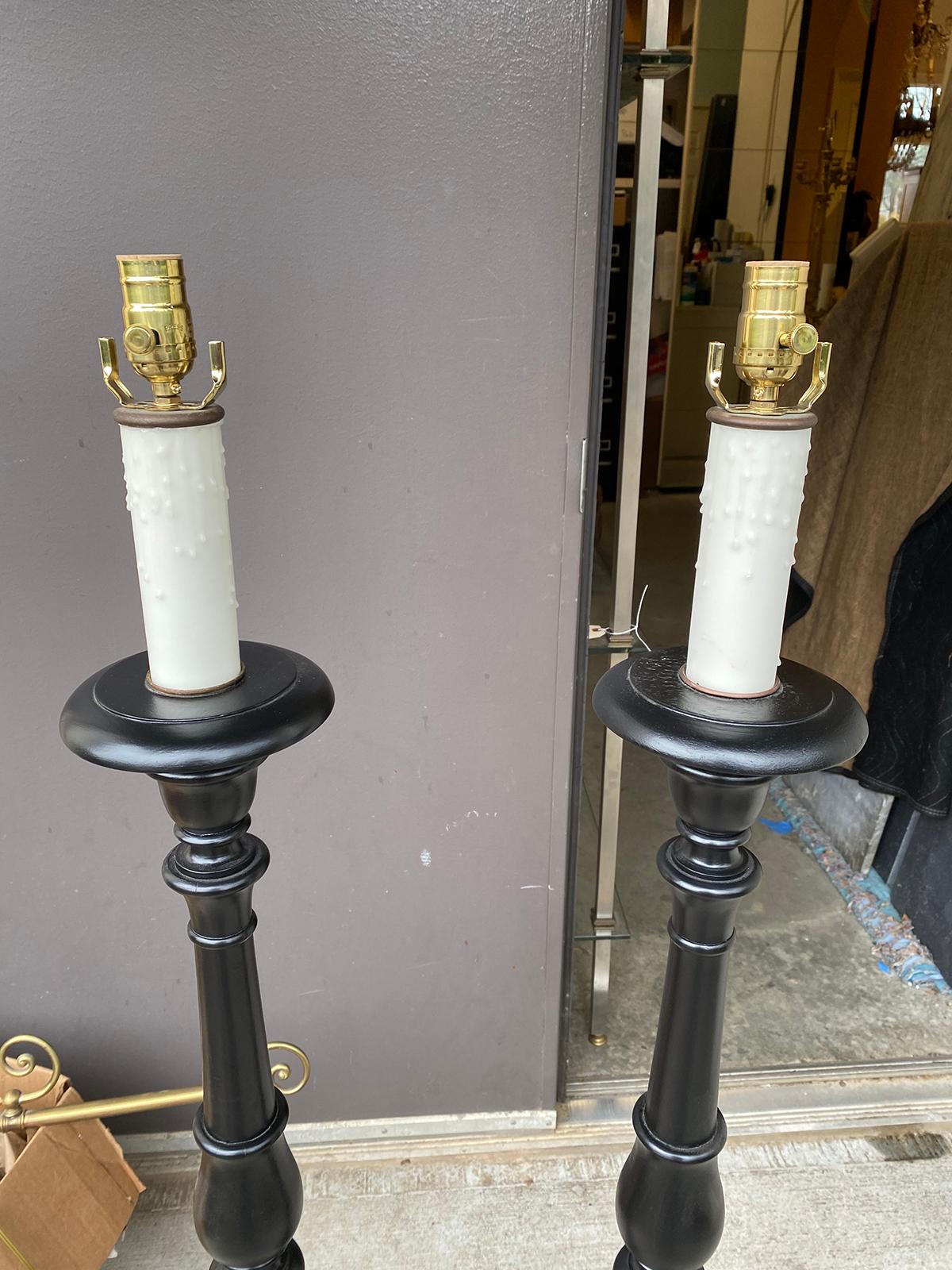 Pair of 20th Century Pine Prickets as Floor Lamps, Custom Painted Ebonized 1