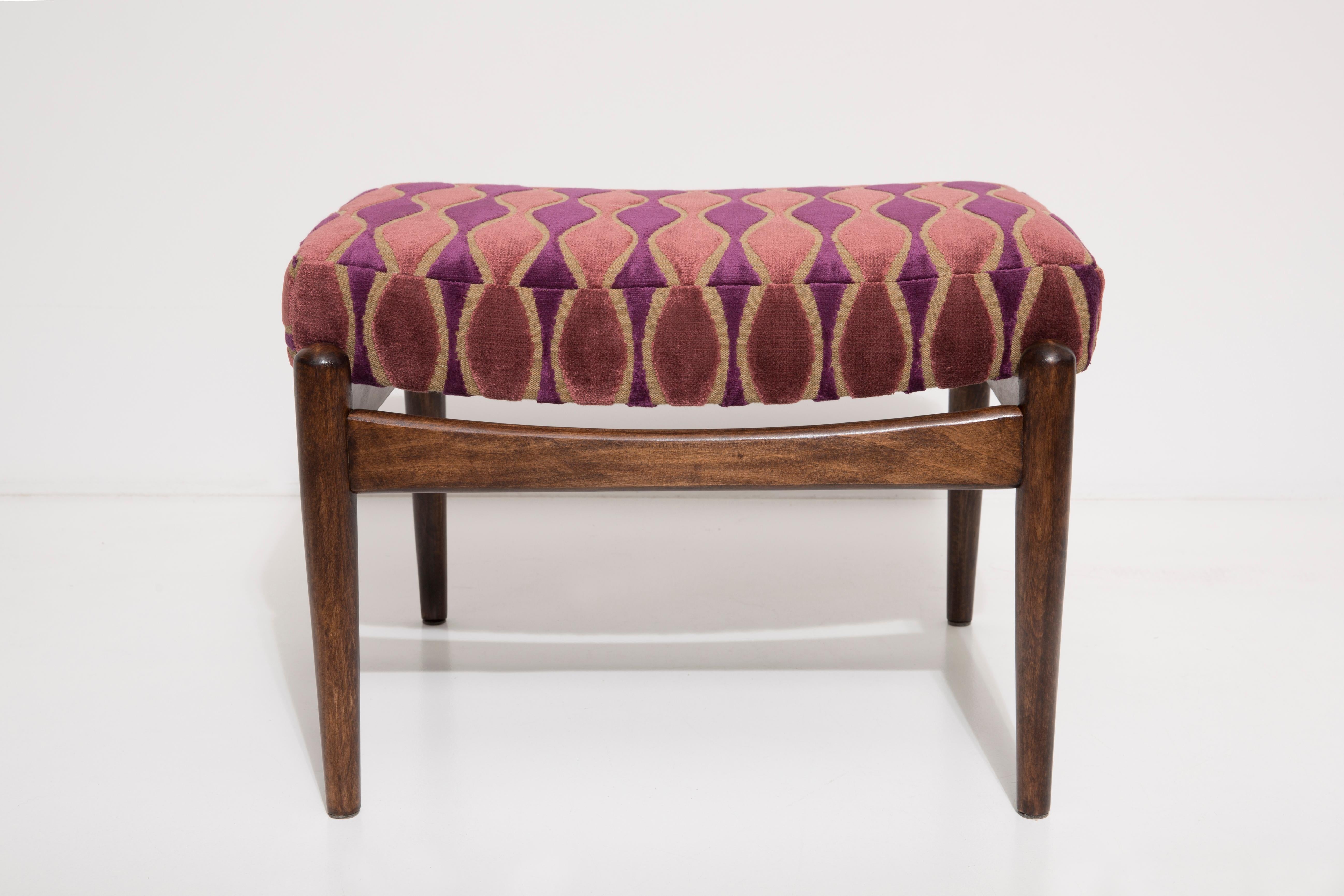 Stools from the turn of the 1960s. Beautiful pink pattern high quality italian velvet upholstery. The stools consists of an upholstered part, a seat and wooden legs narrowing downwards, characteristic of the 1960s style. We can prepare this set also