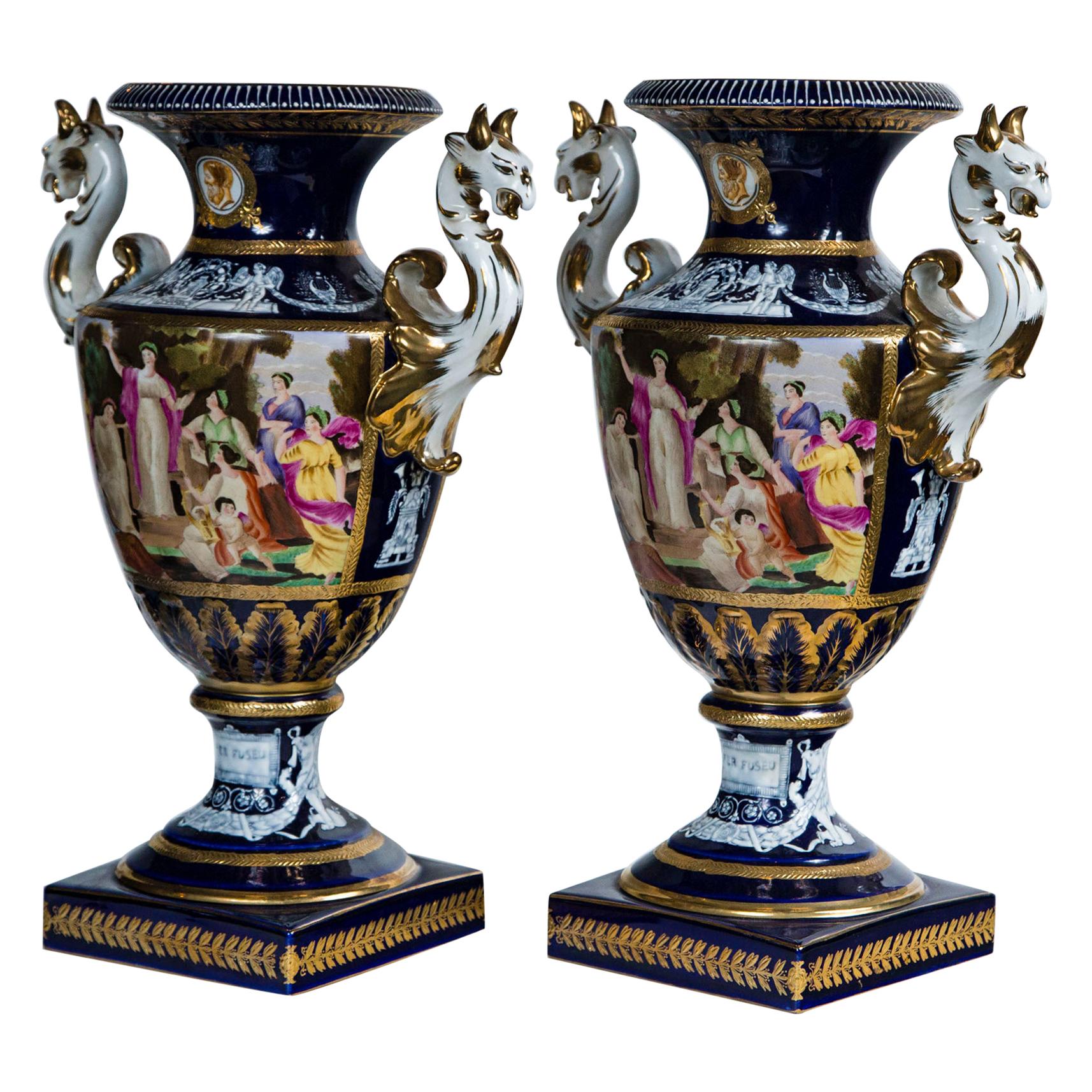 Pair of 20th Century Porcelain, Dragon Handled  Vases