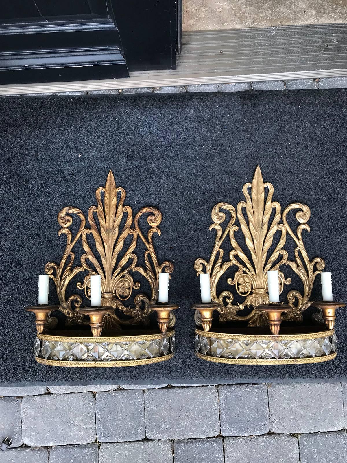 Pair of 20th Century Possibly Earlier Crystal and Gilt Tole Sconces For Sale 9