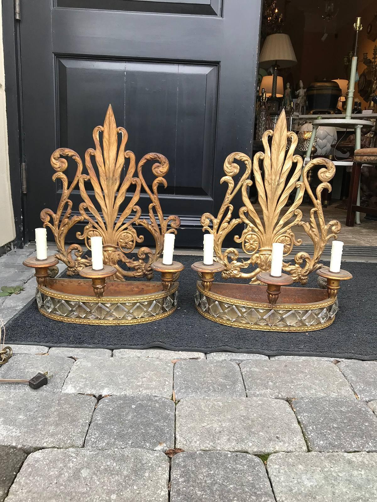 Pair of 20th Century Possibly Earlier Crystal and Gilt Tole Sconces For Sale 11