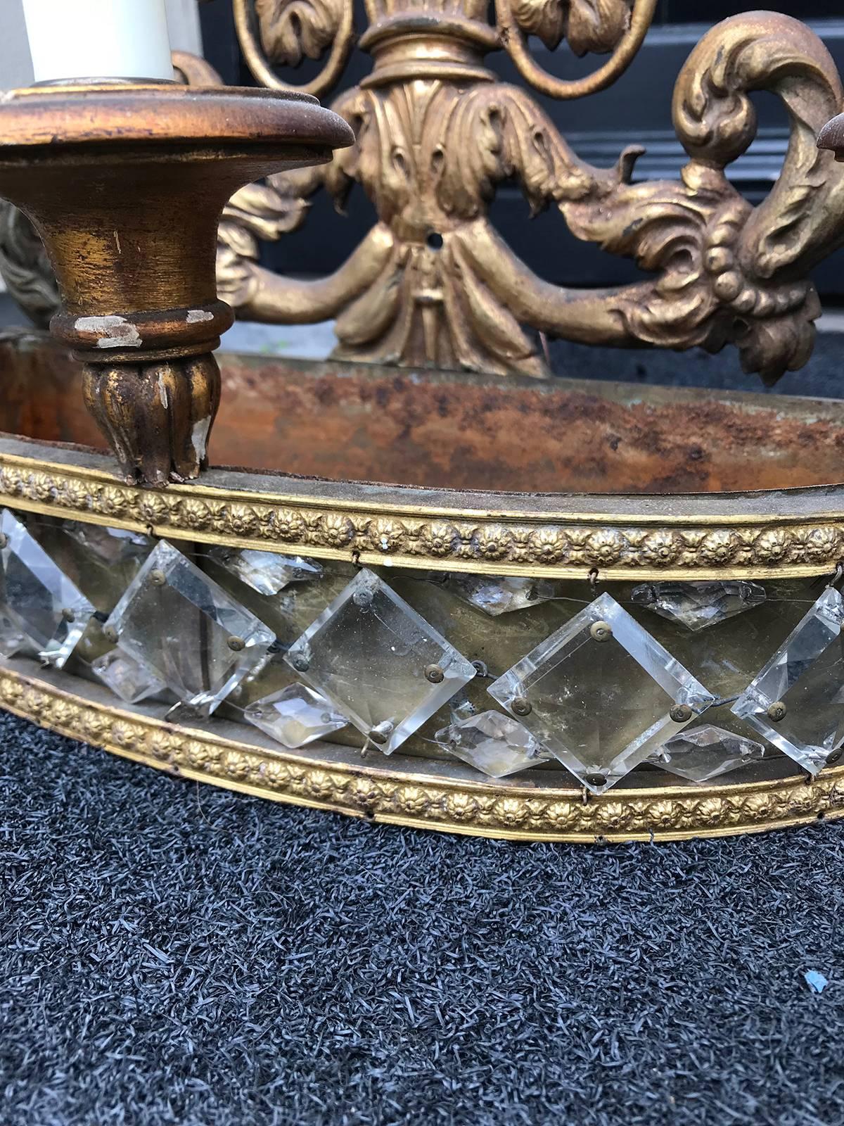 Pair of 20th Century Possibly Earlier Crystal and Gilt Tole Sconces For Sale 2