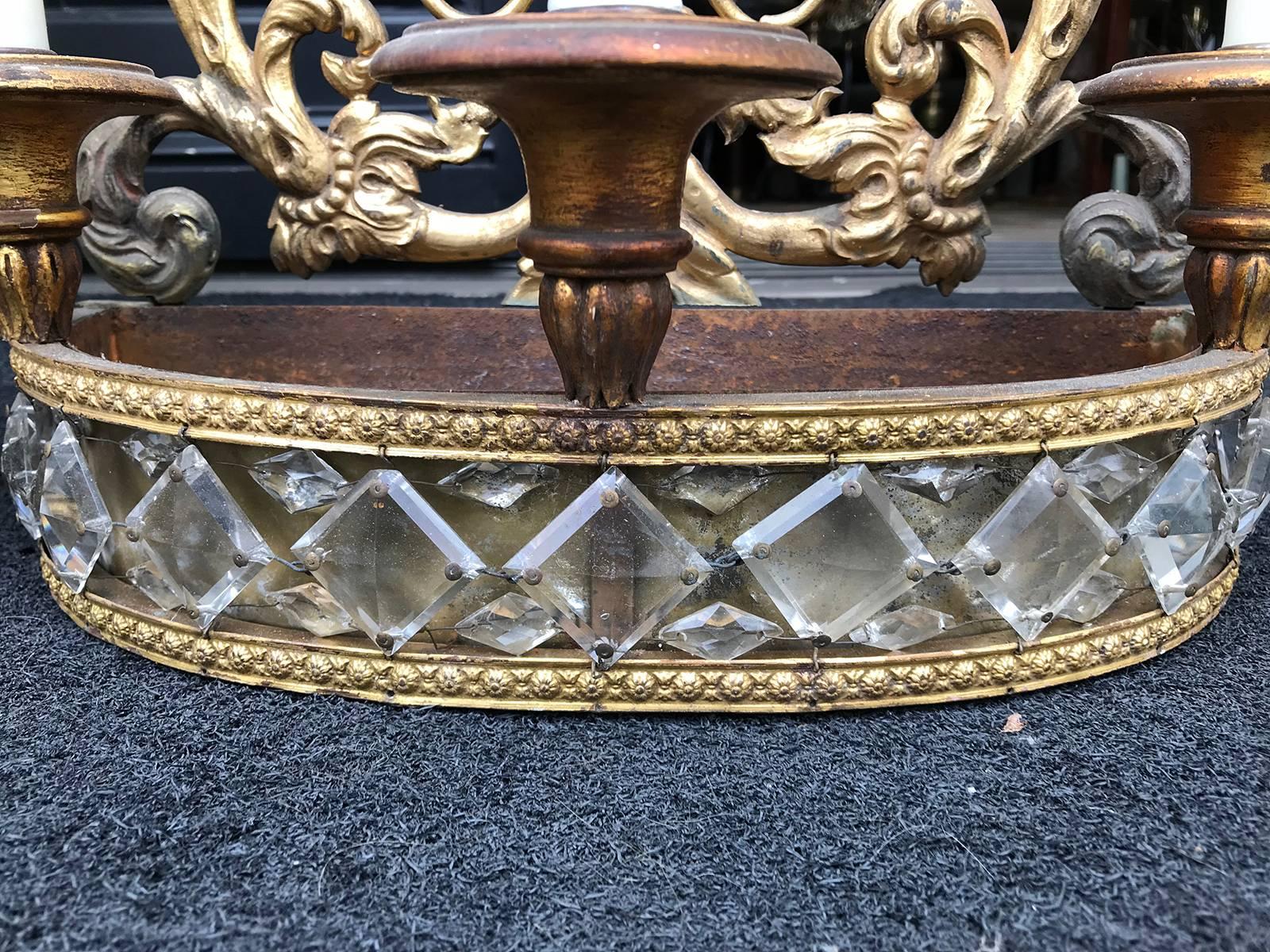 Pair of 20th Century Possibly Earlier Crystal and Gilt Tole Sconces For Sale 3