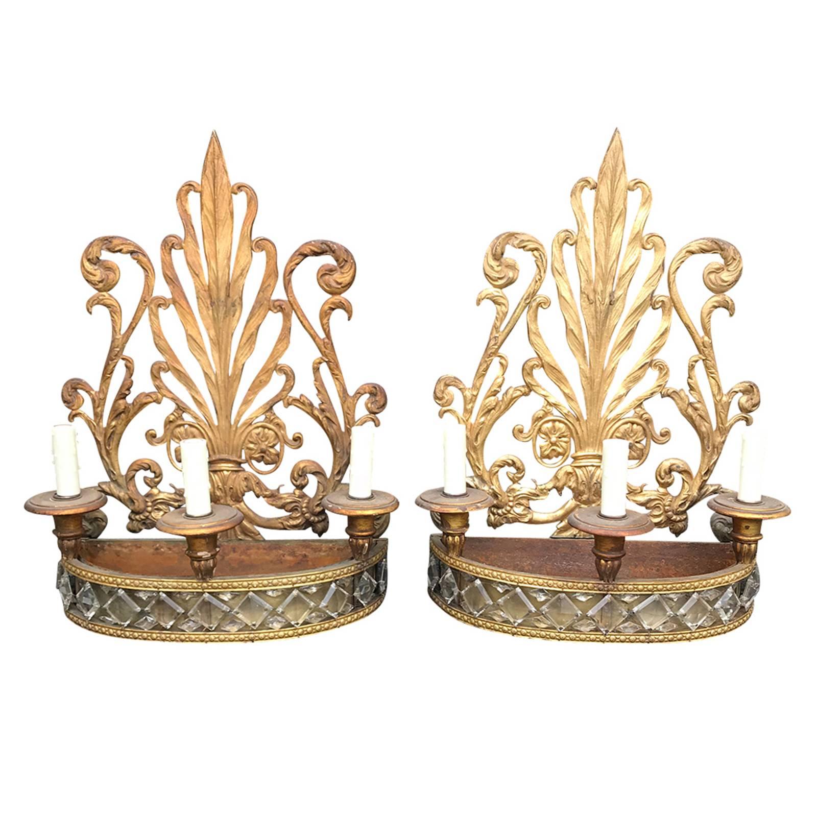 Pair of 20th Century Possibly Earlier Crystal and Gilt Tole Sconces For Sale