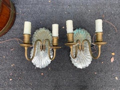 Pair of 20th Century Possibly Italian Etched Mirrored and Brass Two-Arm Sconces