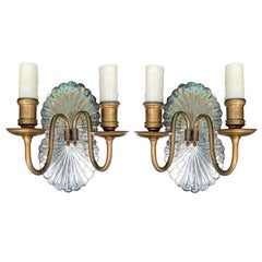 Pair of 20th Century Possibly Italian Etched Mirrored and Brass Two-Arm Sconces