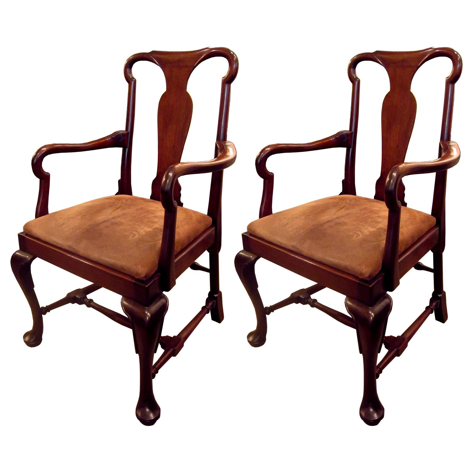 Pair of 20th Century Queen Anne Style Mahogany Armchairs with Suede
