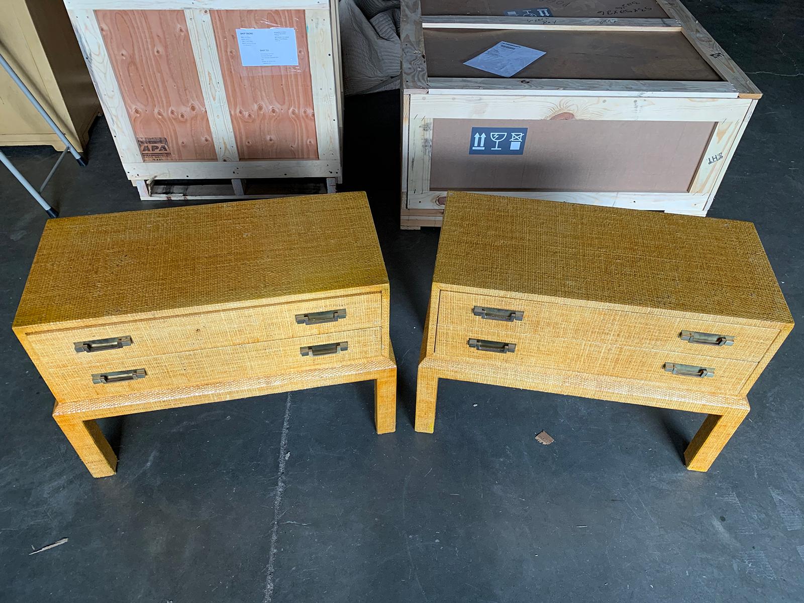 Pair of 20th Century Bielecky Brothers Style Raffia Covered Side Tables For Sale 1