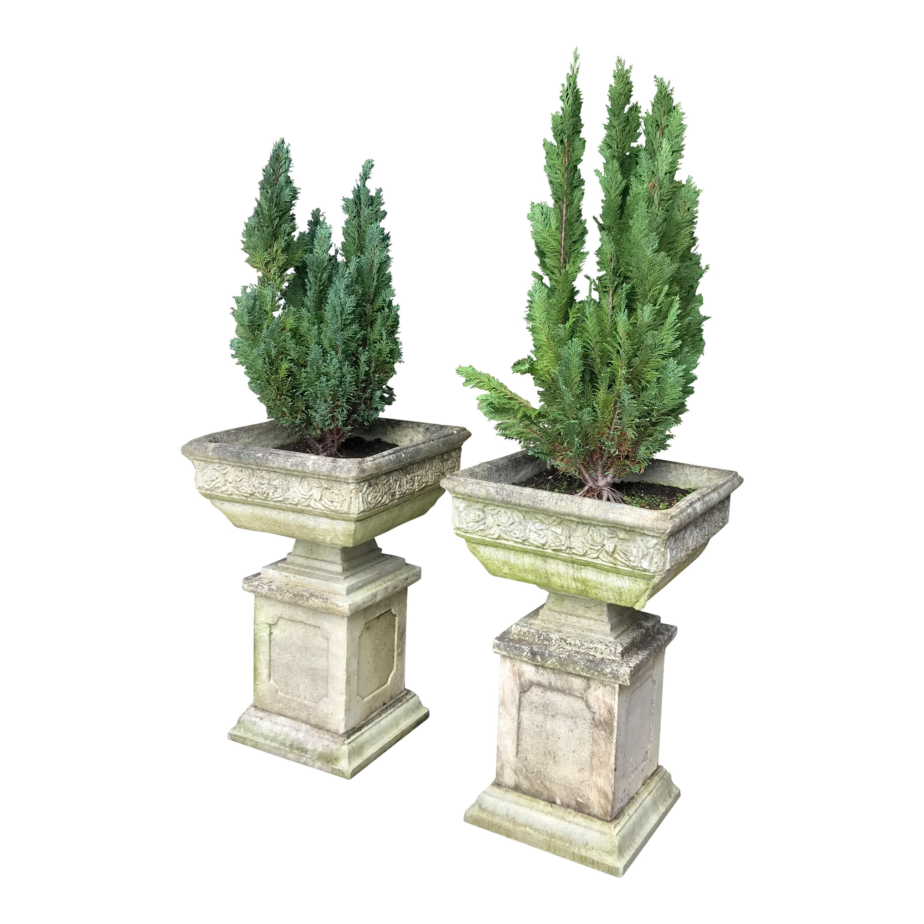 Other Pair of 20th Century Recon Stone Garden Planters on Plinths