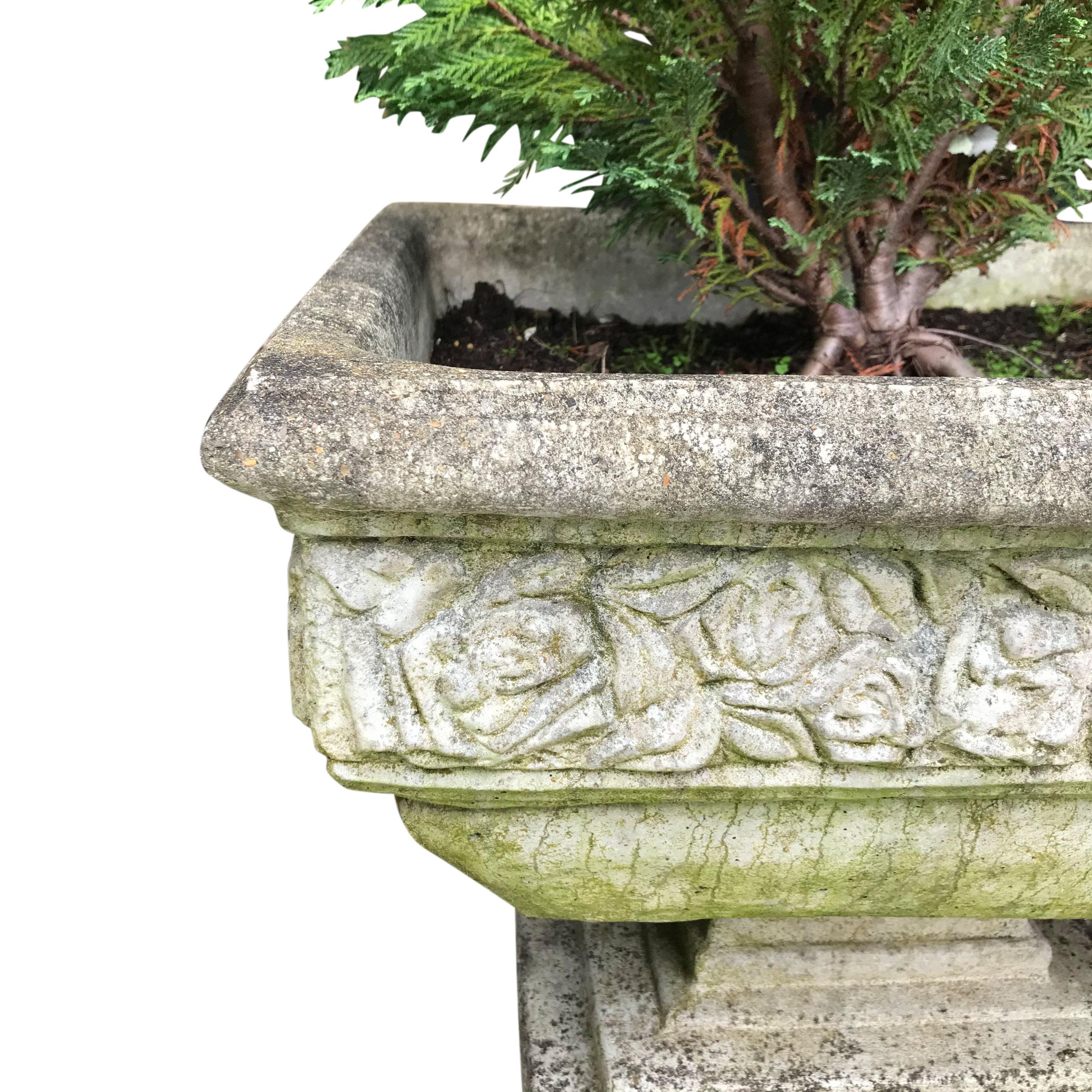 European Pair of 20th Century Recon Stone Garden Planters on Plinths