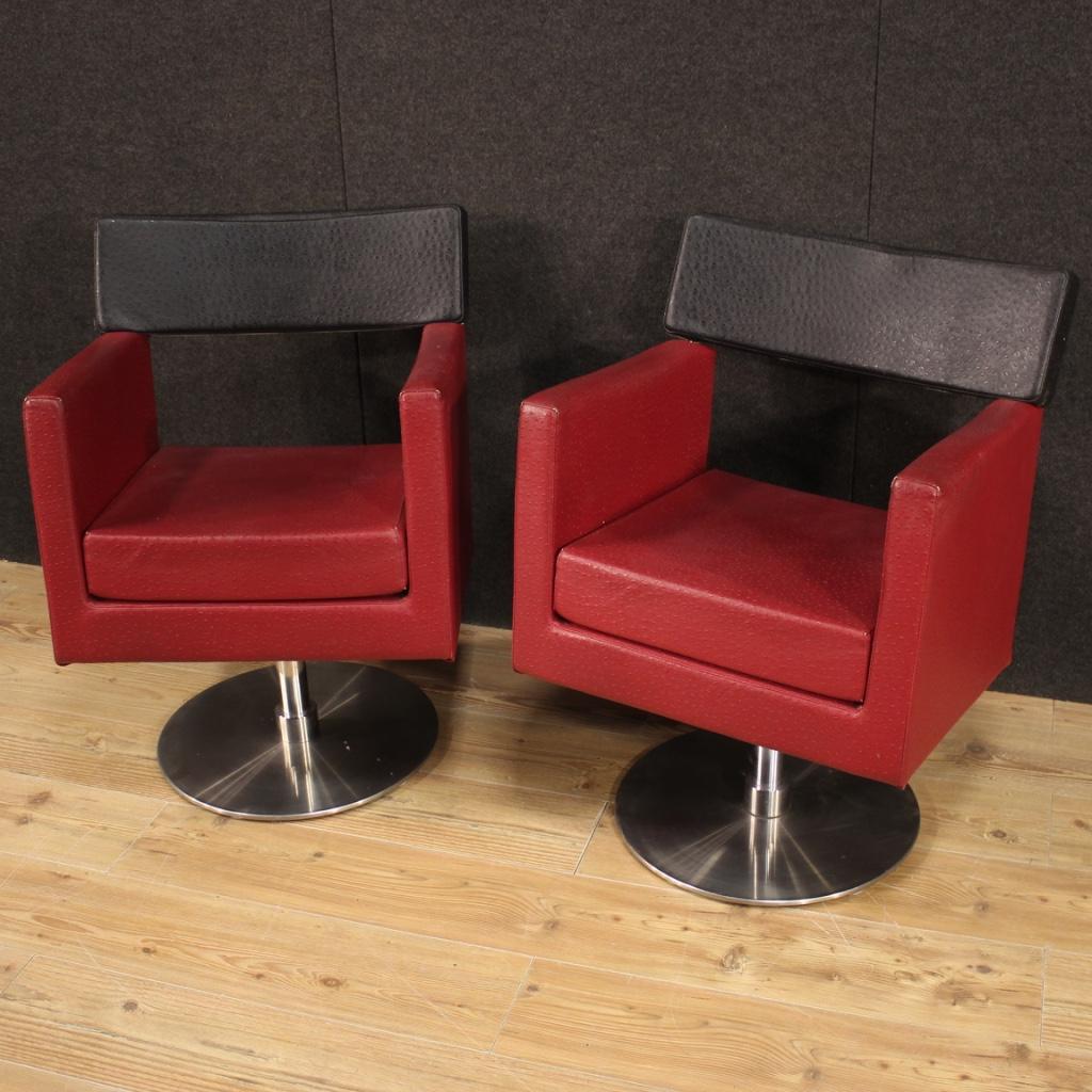 Pair of 20th Century Red and Black Faux Leather Italian Design Armchairs, 1970 In Good Condition In Vicoforte, Piedmont