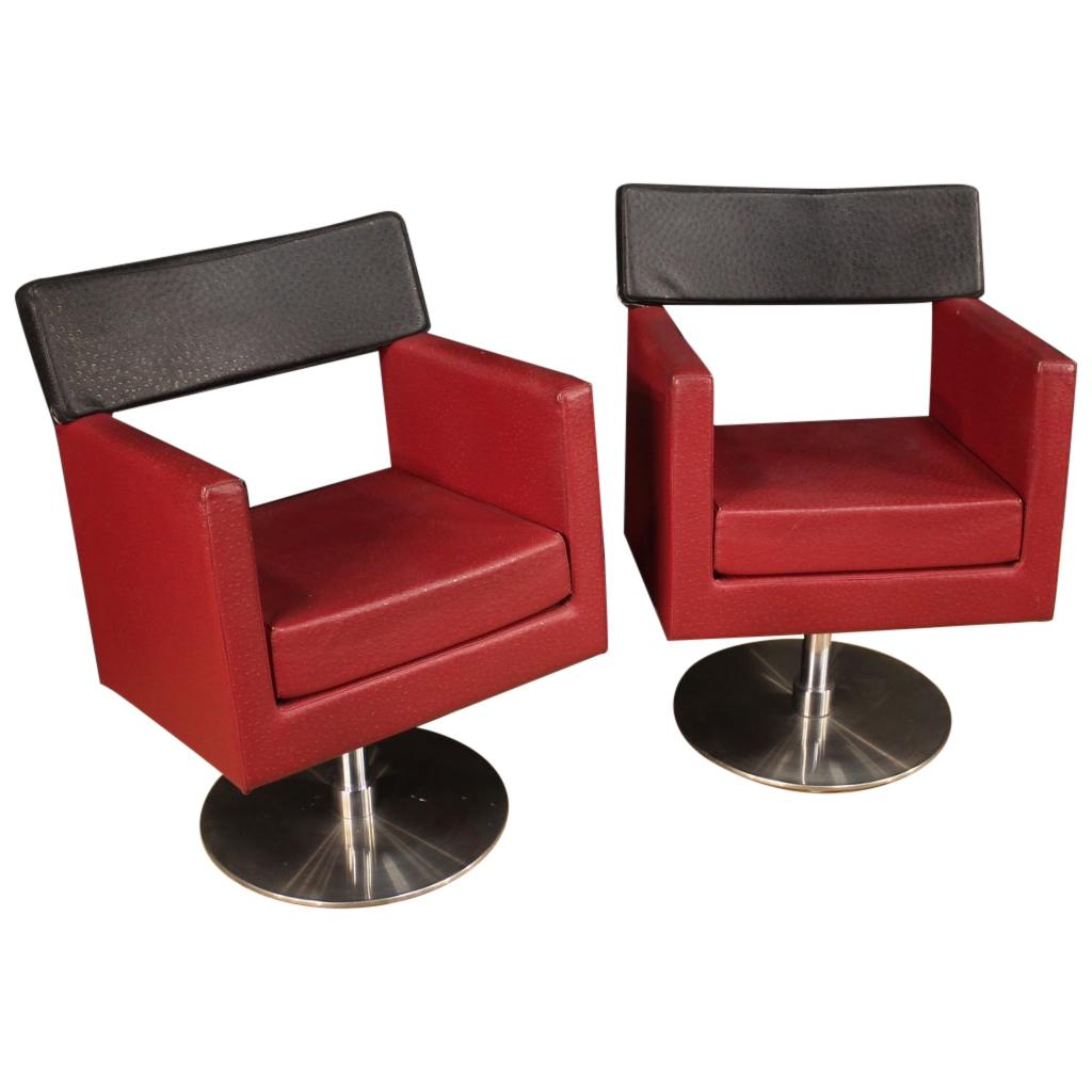 Pair of 20th Century Red and Black Faux Leather Italian Design Armchairs, 1970