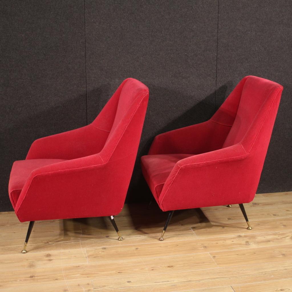 Pair of 20th Century Red Velvet Italian Modern Armchairs, 1960 For Sale 1