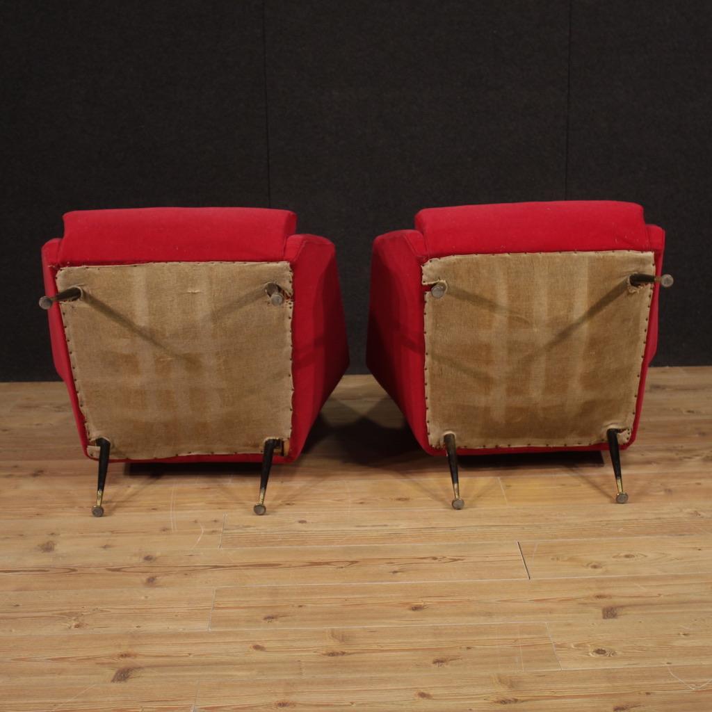 Pair of 20th Century Red Velvet Italian Modern Armchairs, 1960 For Sale 2