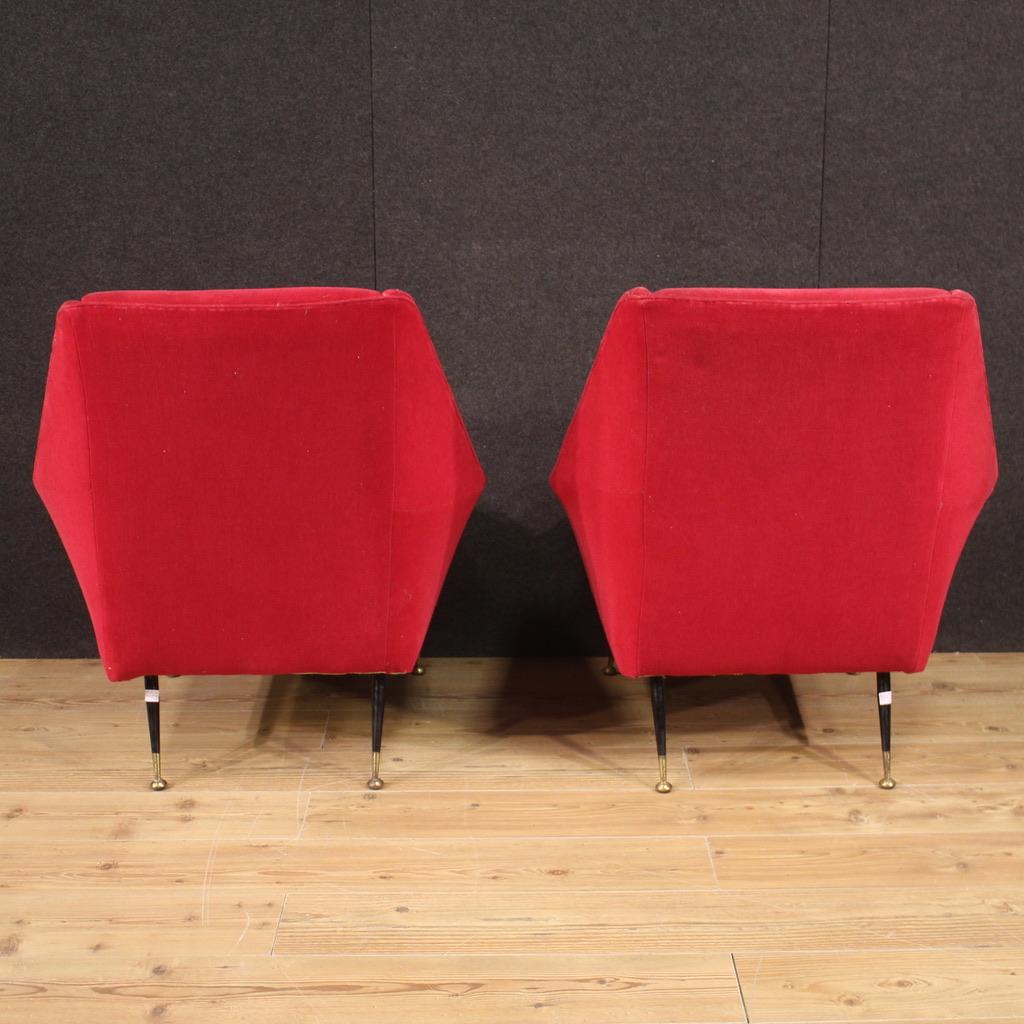 Pair of 20th Century Red Velvet Italian Modern Armchairs, 1960 For Sale 3