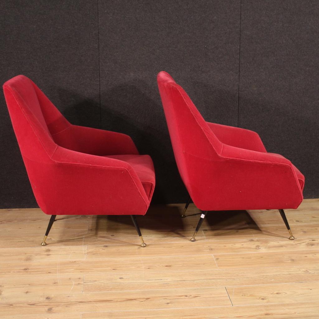 Pair of 20th Century Red Velvet Italian Modern Armchairs, 1960 For Sale 4