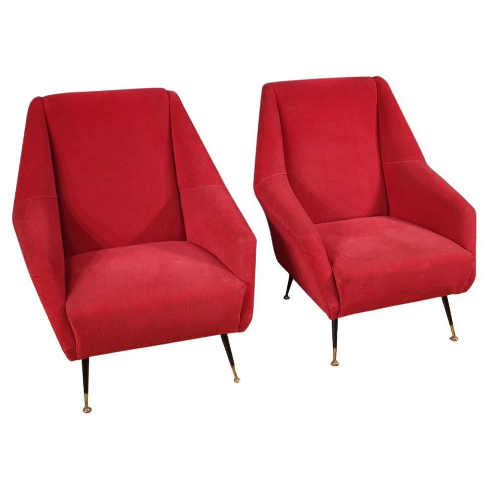 Pair of 20th Century Red Velvet Italian Modern Armchairs, 1960 For Sale