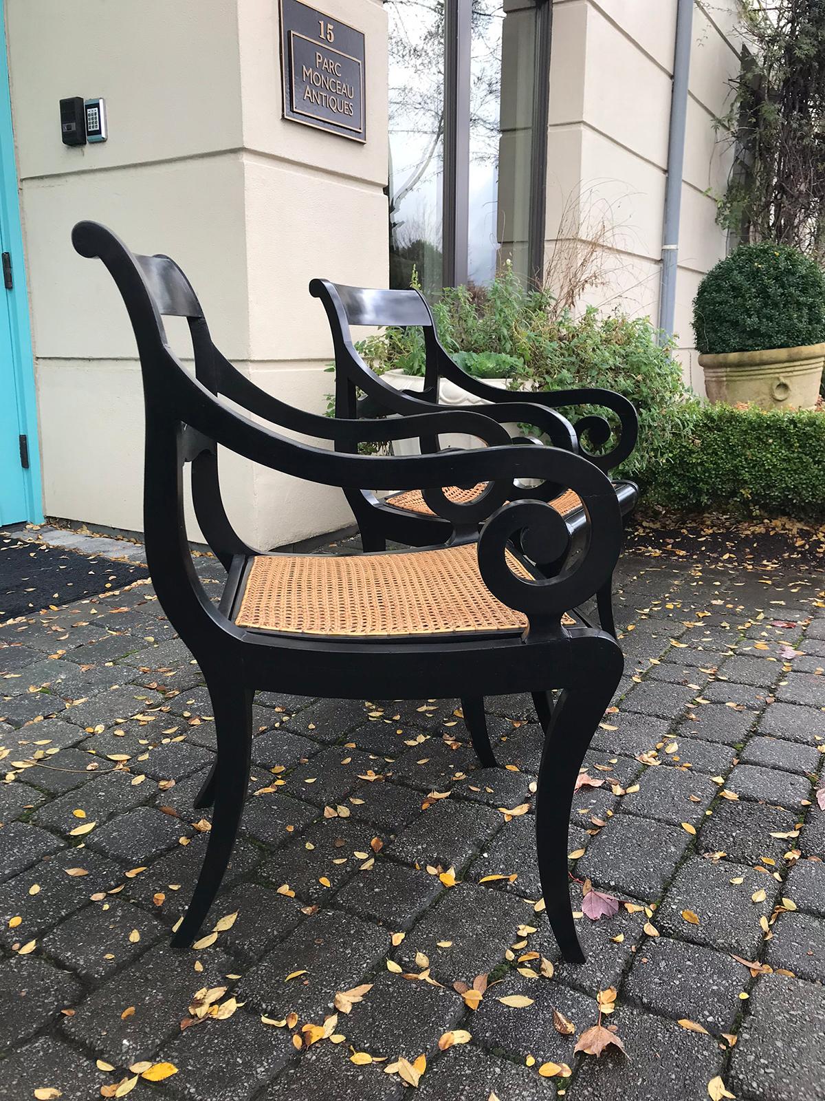 Pair of 20th Century Regency Style Black Armchairs with Cane Seats, circa 1900 9