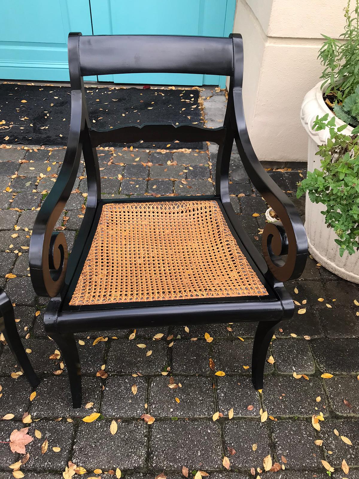 Pair of 20th Century Regency Style Black Armchairs with Cane Seats, circa 1900 1