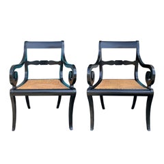 Pair of 20th Century Regency Style Black Armchairs with Cane Seats, circa 1900