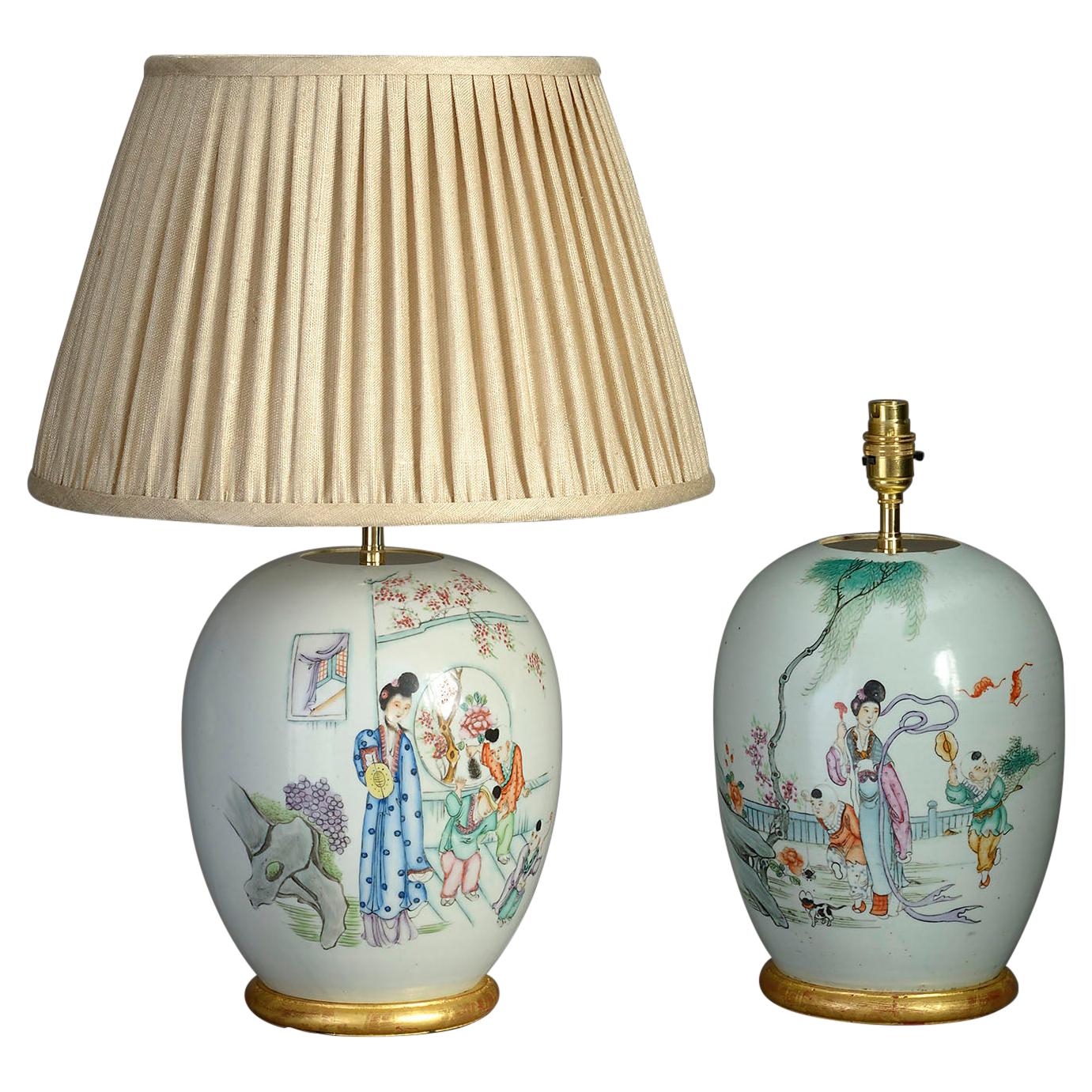 Pair of 20th Century Republic Period Figurative Porcelain Jar Lamps