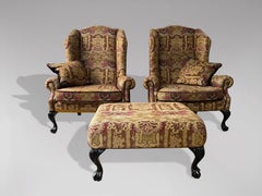 Pair of 20th Century Reupholstered Wing Armchairs with Footstool