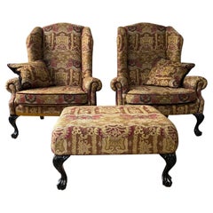 Retro Pair of 20th Century Reupholstered Wing Armchairs with Footstool